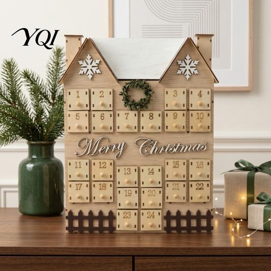 Vintage Style Christmas Decor Wooden House Advent Calendar, with 24 Drawers, Countdown to Gift Box Box, Refillable Xmas Desktop Decoration Decorative