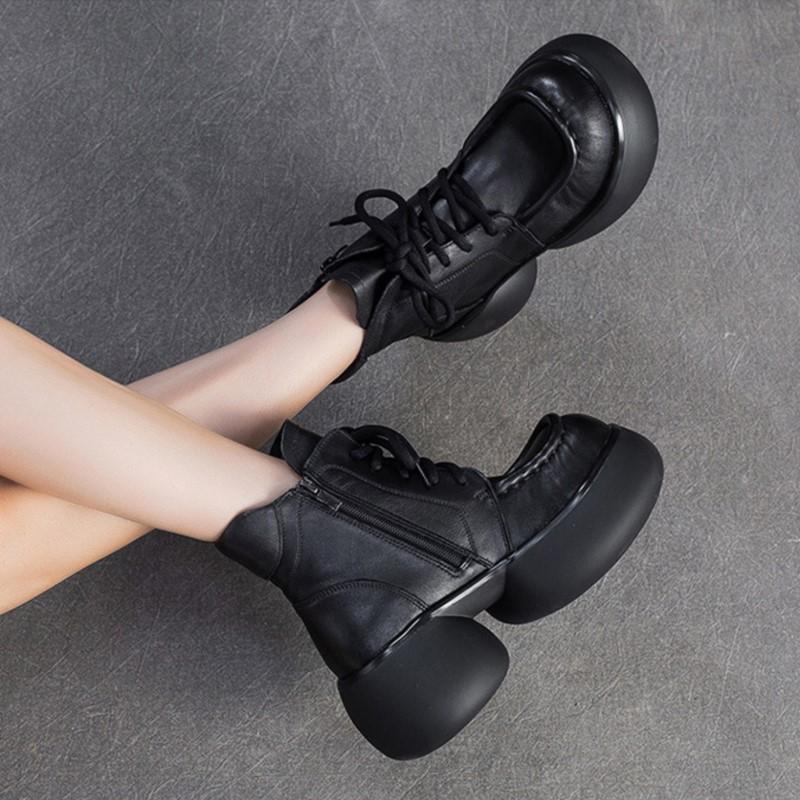 Johnature Натуральная кожа Британский стиль Ретро Толстая подошва Плюшевые Короткие ботинки Универсальная женская обувь на платформе