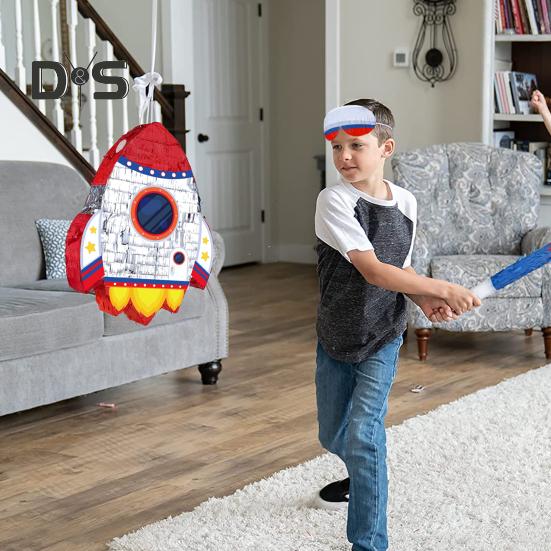 Корабль-ракета с тягой на веревке, пиньята, ракета, пиньята с завязанными глазами, летучая мышь, палка, конфетти для детей, космические принадлежности для дня рождения