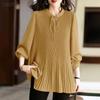 Women Casual V-Neck Loose Long Sleeve Pleated Blouse