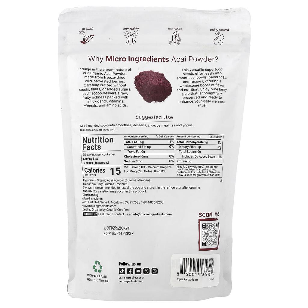Micro Ingredients Organic Acai Powder, Freeze-Dried, 8 Oz (227 G)