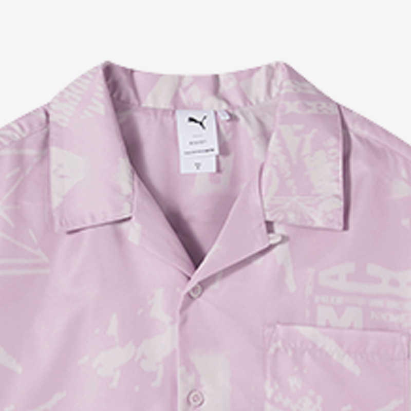 Puma American Retro Print Logo All-Over Print Button-Up Shirt With Relaxed Fit And Collar Unisex Tops Light-Purple 627749-60