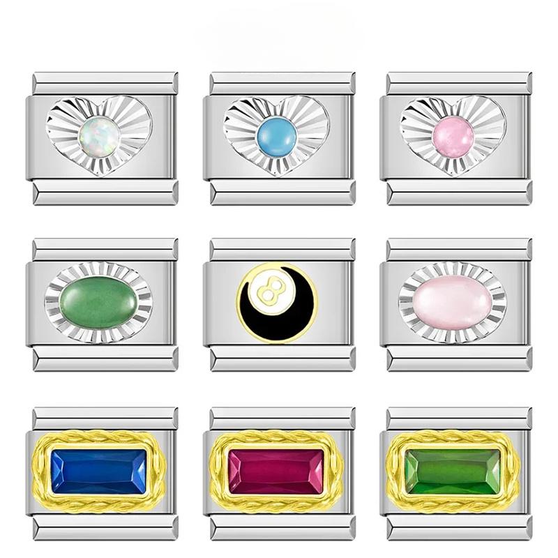 2023 Мода Сердце Эллиптический Прямоугольник CZ Шарм Итальянские Звенья Подходит Для Браслета 9 мм Из Нержавеющей Стали Изготовление Ювелирных Изделий DJ692