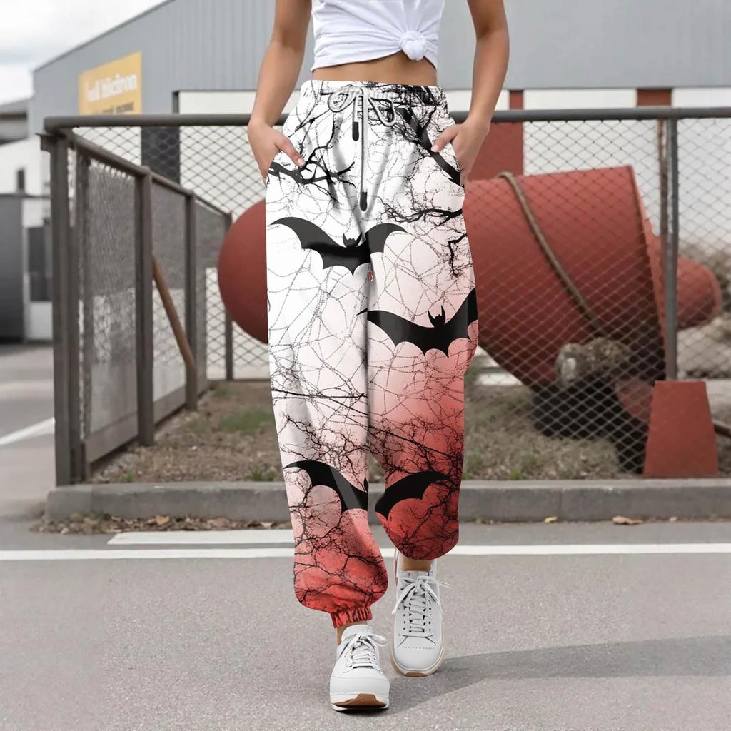 Женские повседневные модные брюки для отдыха с принтом на Хэллоуин, спортивные штаны, брюки с эластичной резинкой на талии, брюки со шнурком