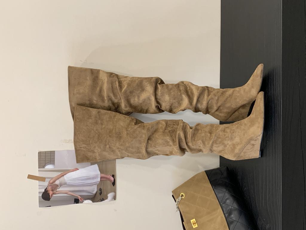 2025 Autumn and Winter New Big Tube Circumference Pointed Toe Over Knee Boots Thick Heel High Boots Slope Heel Boots Stacking Boots