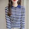 Весенне-летний женский хлопковый полосатый свитер-пуловер с воротником поло, повседневный, с цветными блоками, трикотаж, одежда с длинным рукавом, топы