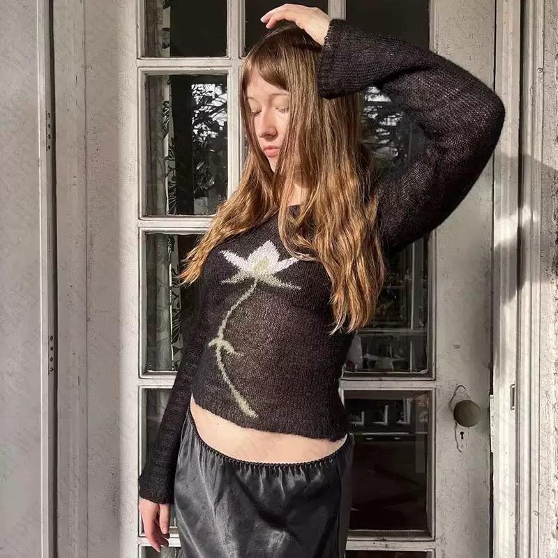 Женский укороченный свитер Y2K Harajuku с цветочным вязаным узором - Пуловер с длинным рукавом