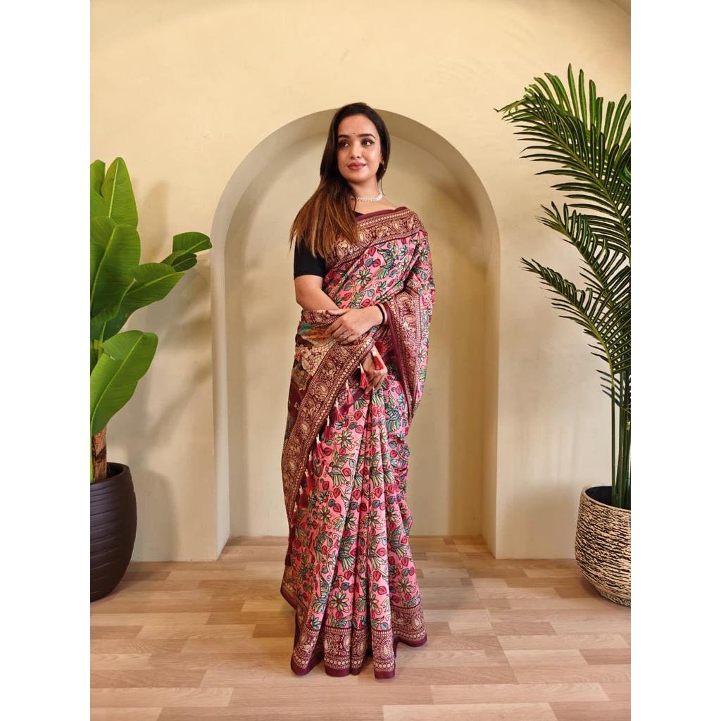 Мягкие хлопковые сари чандери с цифровым принтом каламкари и кисточками по всему сари.