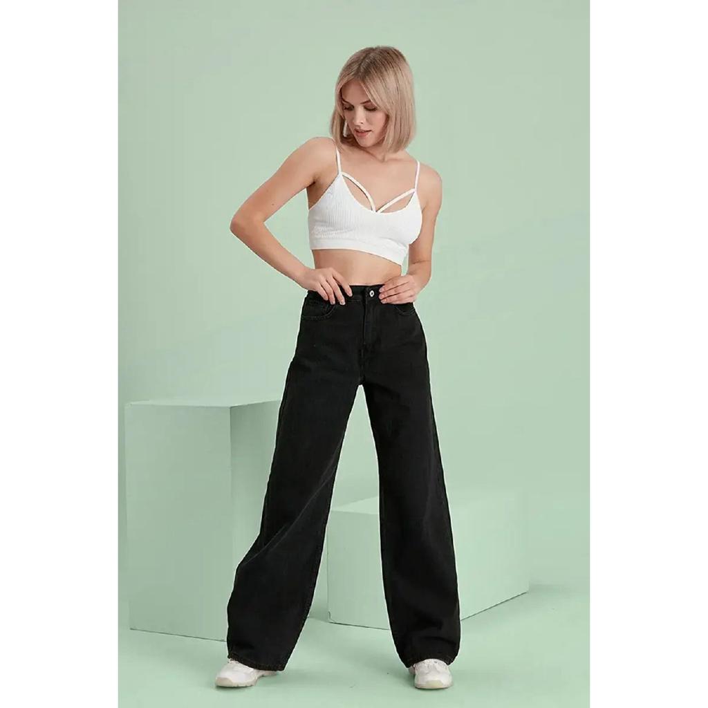 Women's Blue Snow Wash High Waist Five Pocket Wide Leg Loose Palazzo Jean Denim Trousers