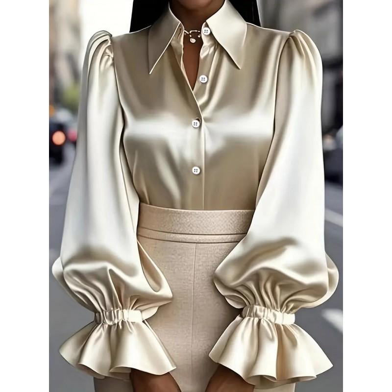 Womens Solid Color Bubble Sleeve Long Turn-Down Collar Satin Blouse Office Chic Elegant Workwear