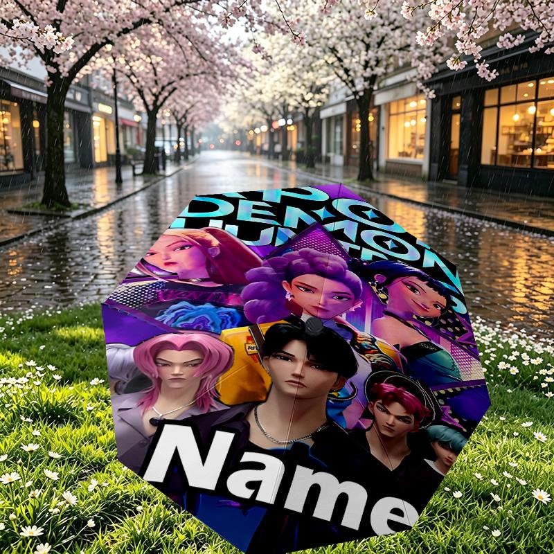 Custom Name Personalized KPop Demon Hunters Print Umbrella, Auto Open Close, 8‑Rib Sturdy Frame, Commute Camping Hiking Use, Birthday Gift