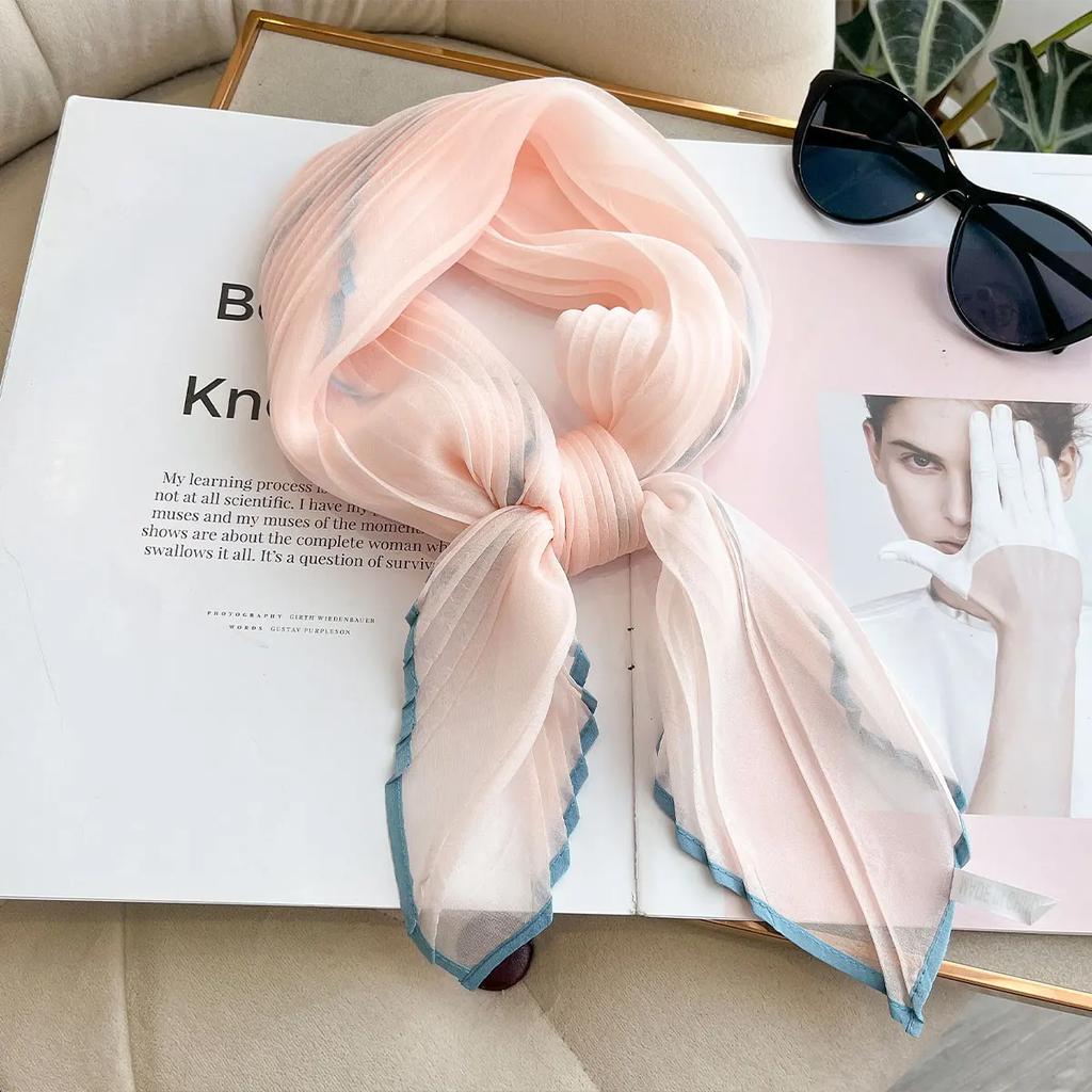 Women Pleated Satin Solid Scarf Headscarf Neckerchief Square Shawl Hair Tie Band HandKerchief Satin Foulard Scarves Decorative