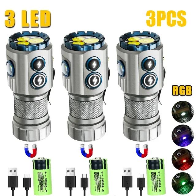 Powerful 2000LM EDC Flashlight Type-c Rechargeable Portable LED Torch RGB Side Lamp with Tail Magnet For Camping Hiking Lantern