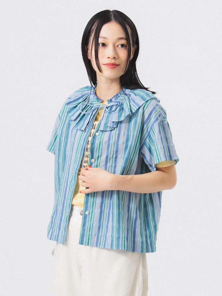 Beams Boy Women's Striped Ruffle Short Sleeve S/S Shirt, Blue, Free Size