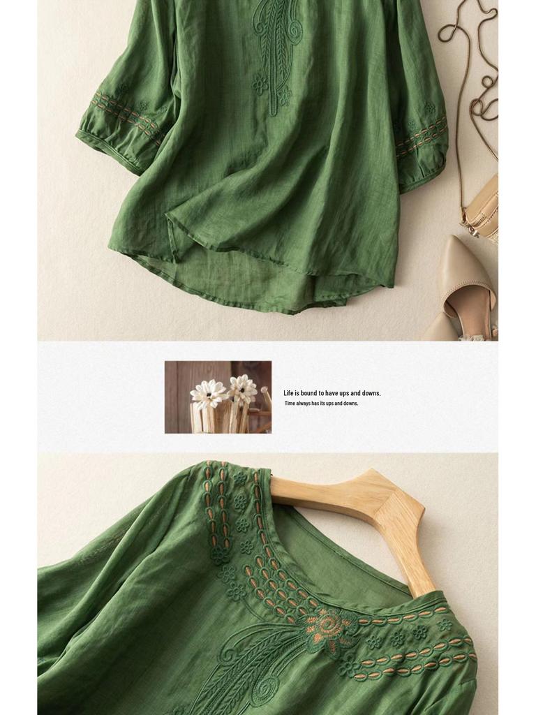 Женская льняно-хлопковая рубашка премиум-класса больших размеров с коротким рукавом - Лето 2025, китайский стиль