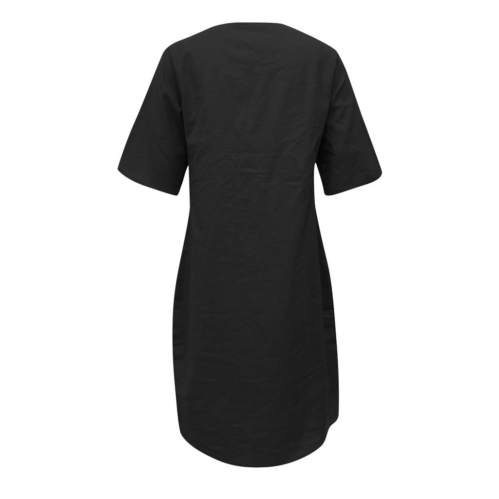 Women's Casual Loose O Neck Short Sleeve With Pockets Elegant Linen  Swing Dresses