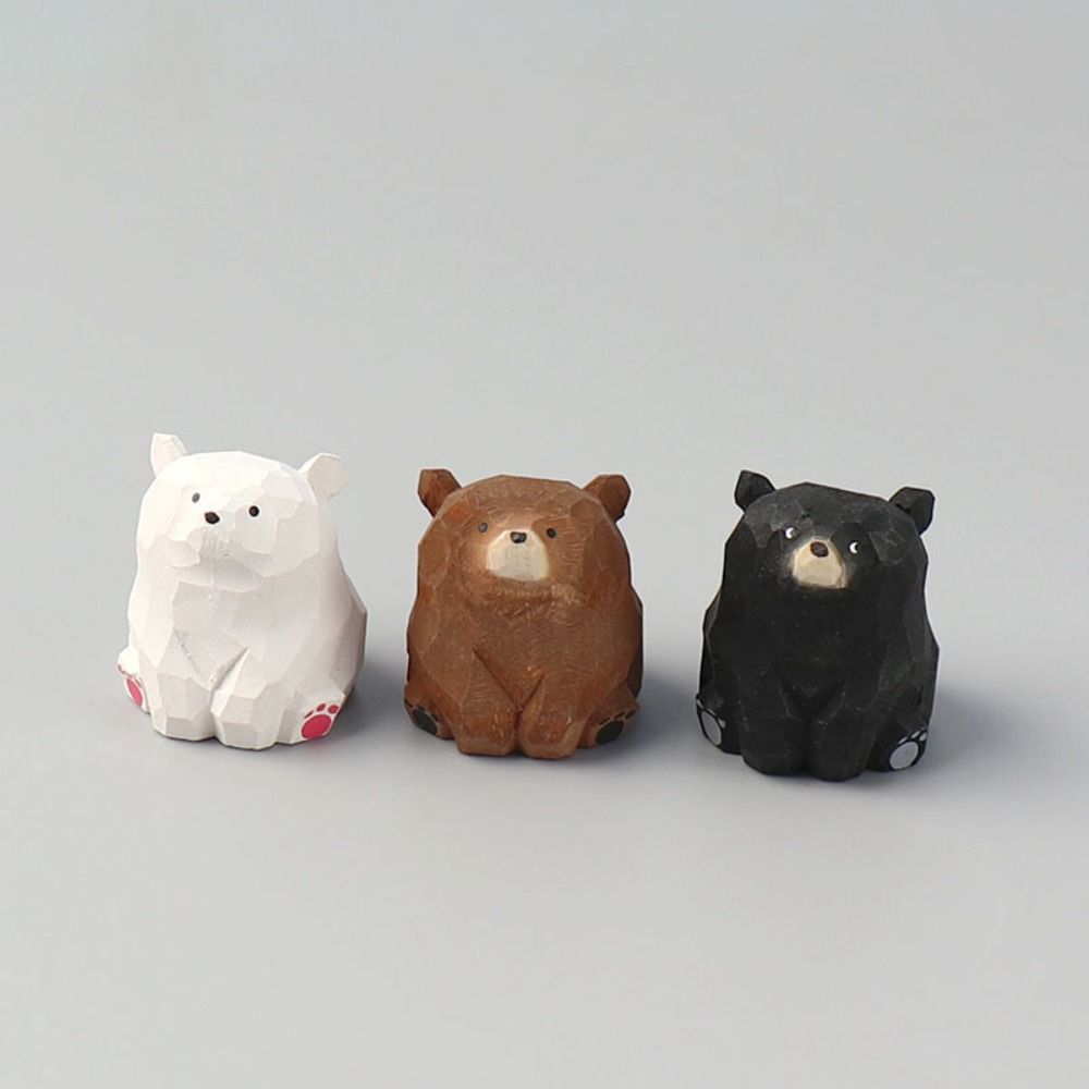 Cute Wooden Bear Figurines Solid Wood Mini Bear Statue Polar Bear Ornament Home Decoration