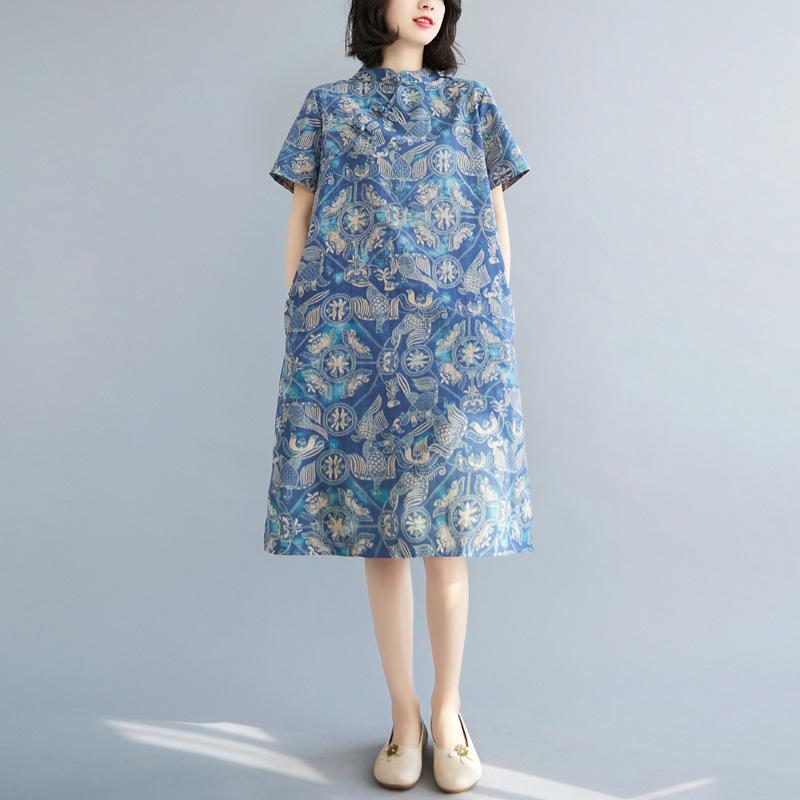 Ретро Модифицированная юбка-чеонгсам с дисковыми пуговицами Свободное утягивающее платье без рукавов с принтом