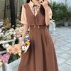 Summer New Casual Large Set Dress with High Waist Splice Fake Two Piece Dress Women's Summer Academy Style Long Dress