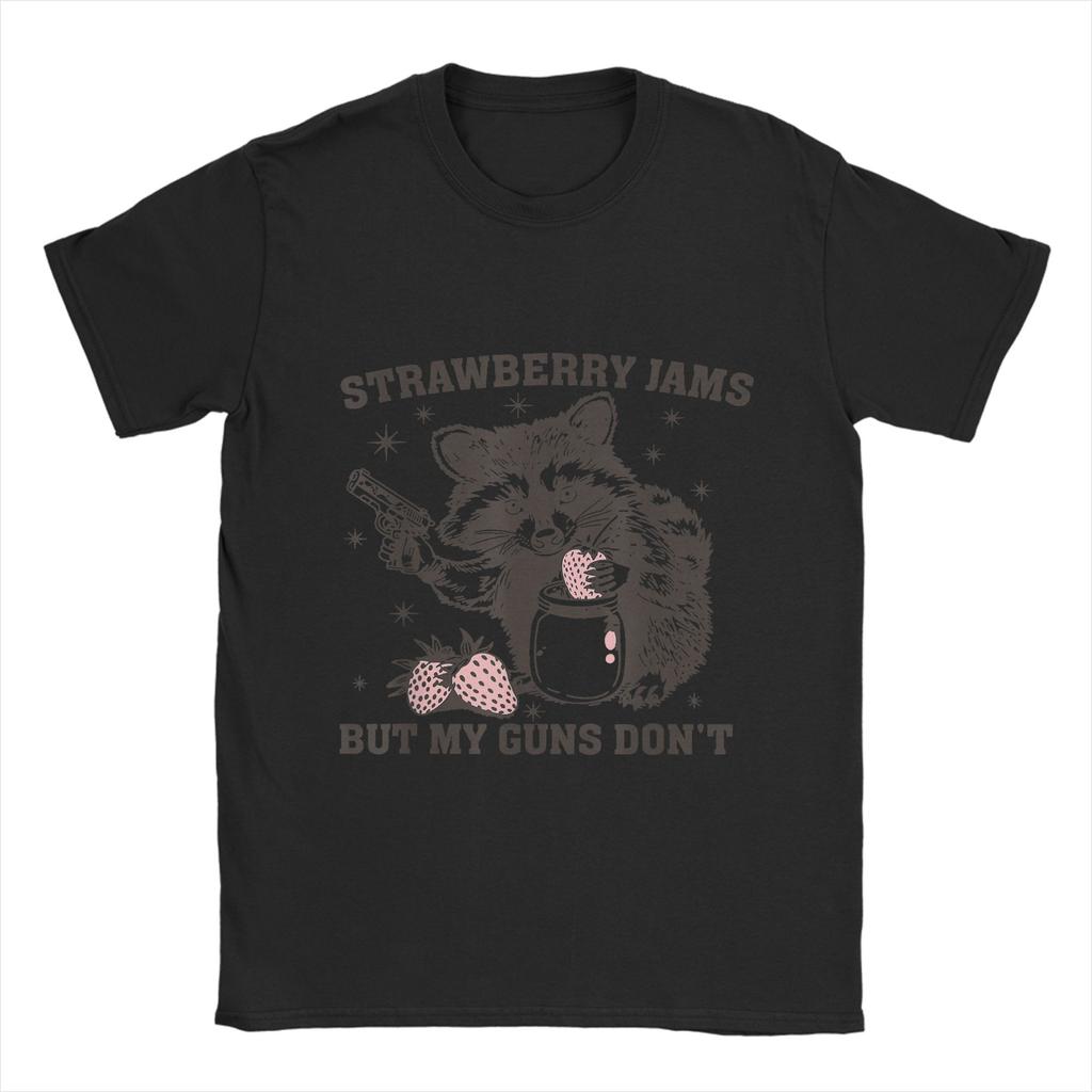 Men Strawberry Jams But My Don't Funny Raccoon T Shirt  100% Cotton Tops Leisure Short Sleeve Crewneck Tees Plus Size T-Shirts