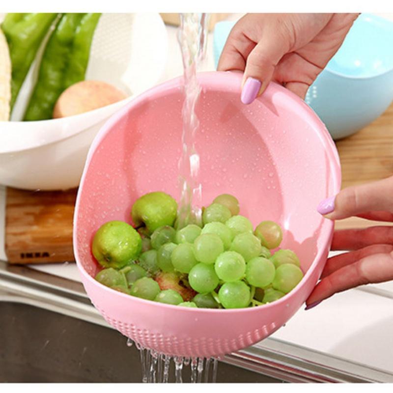 2-In-1 Rice Washer Plastic Sieve Fruit Bowl Plastic Clean Machine Vegetables Basin Basket Washing Filter Strainer Kitchen Tool