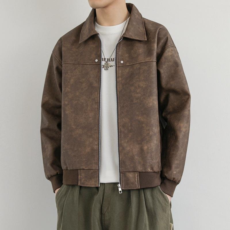 Осенняя мужская новая модная повседневная кожаная куртка в гонконгском стиле с лацканами, свободная куртка из ПУ кожи