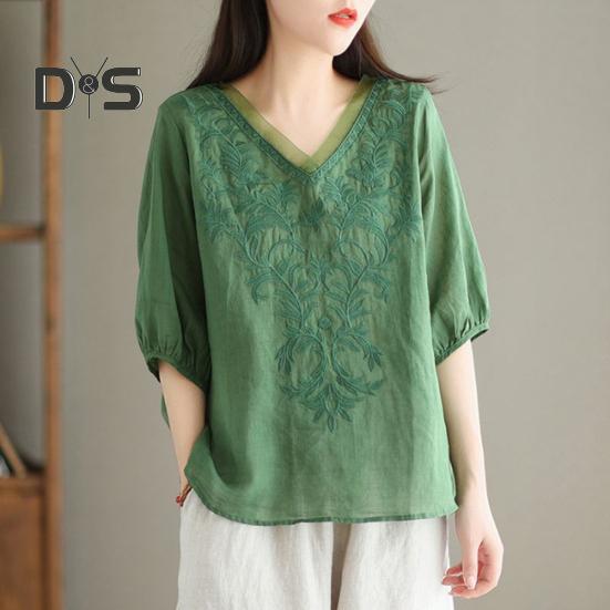 Women Summer Tops V-neck Half Sleeve Embroidery Pattern Pullover Tops Solid Color Loose Fit Commuting Style Tops