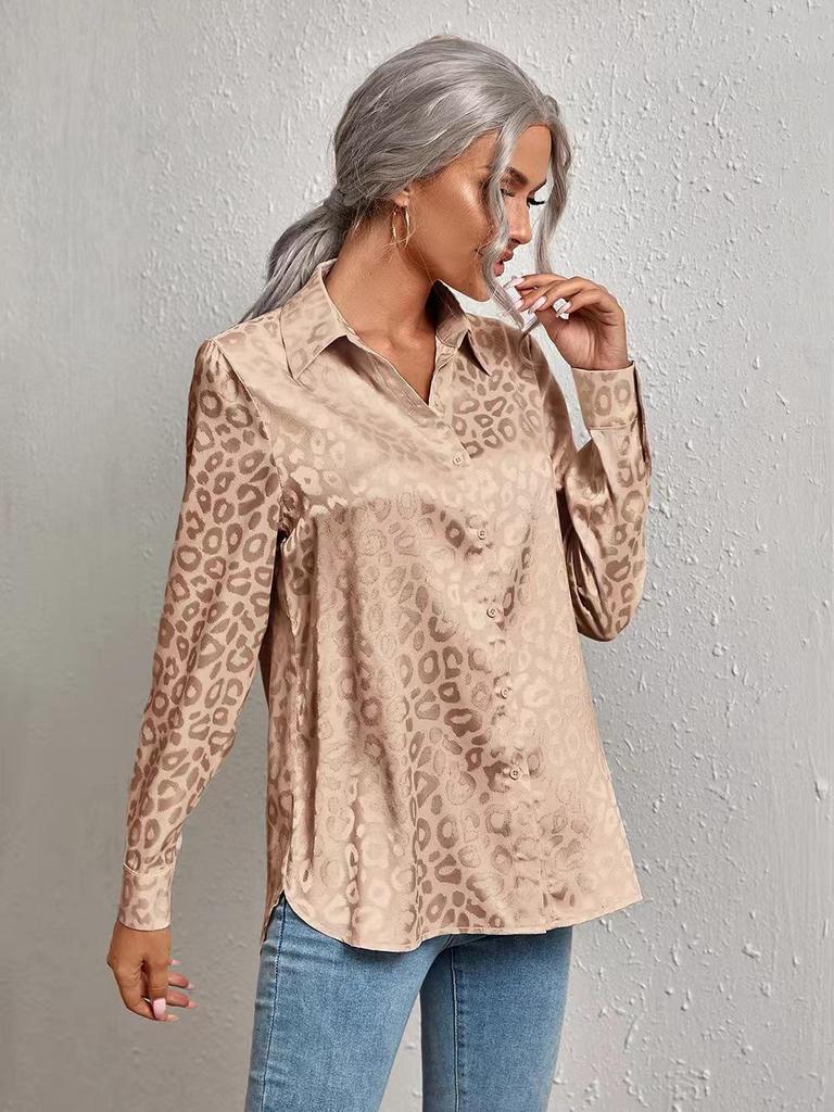 2024 Autumn Women's Elegant Satin Leopard Print Lapel Shirt