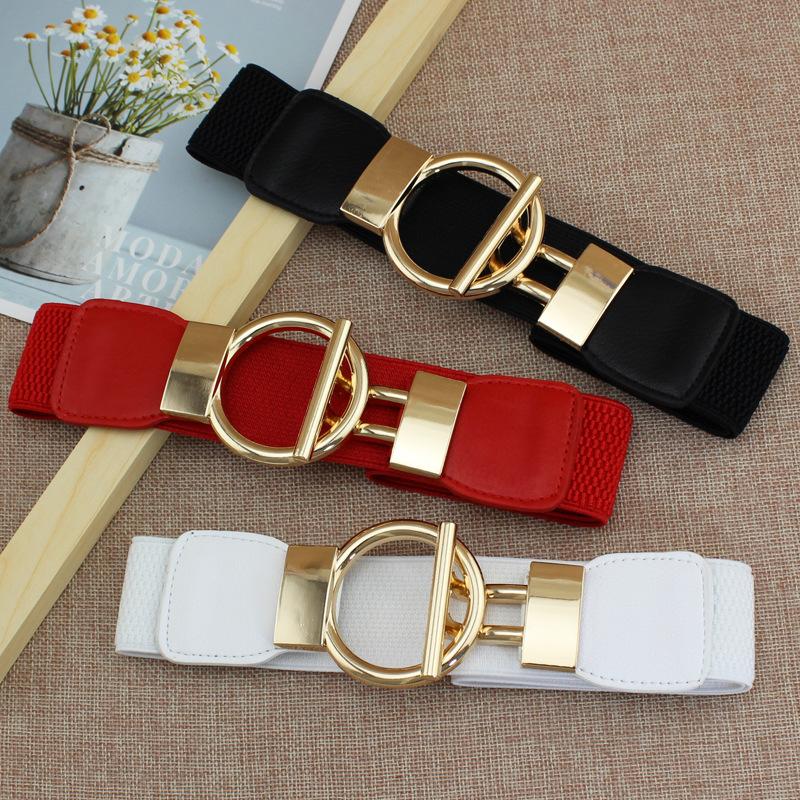4Cm Dress Waist Elastic Elastic Elastic Wide Waist Seal Simple Gold Round Buckle Women'S Decorative Belt Four Sizes
