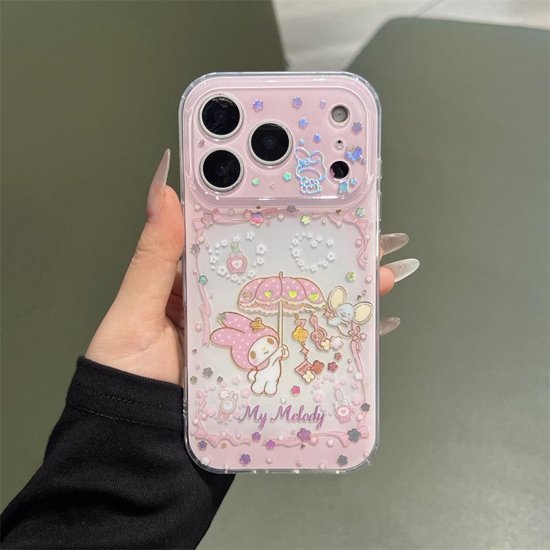 New My Melody Kawaii Glitter Phone Case With Wrist Strap For iPhone 15 16 17 Pro Max INS Pink Cute Shockproof Protective Cover