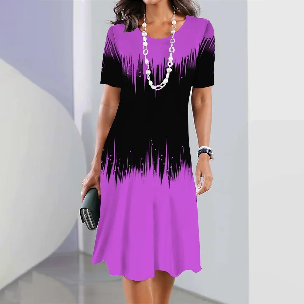 Женские платья 3D Color Blocking Printing Dress Элегантные топы с короткими рукавами Одежда Ретро-юбка А-силуэта Вечерняя красочная одежда