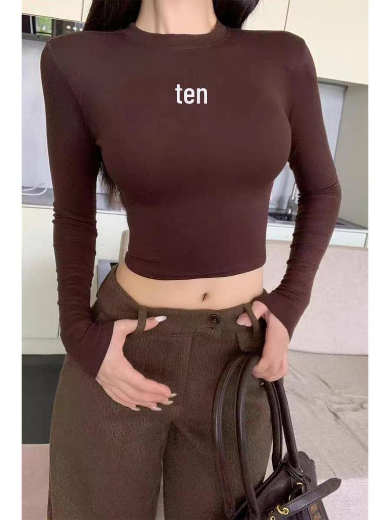 2025 Autumn/Winter Retro Cross Long Sleeve Round Neck Cropped Slimming Women's T-shirt