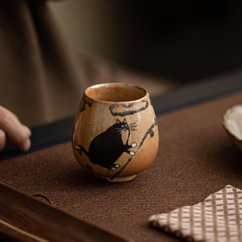 Ручная роспись Печная глазурь Чжие Чашка для чая с кошкой Керамическая Ретро Фарфоровая Чашка для чая Мастер-чашка Маленькая Дегустационная Кружка Китайский Кунг-фу Японская Бытовая Чайная посуда