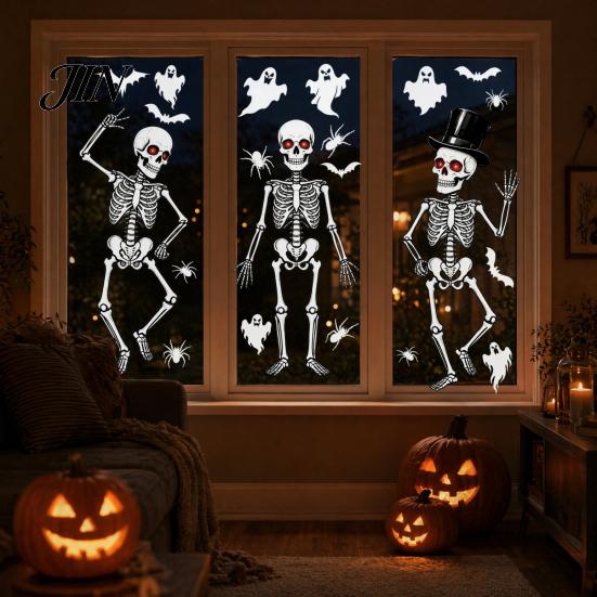 Rent-friendly Glass Decal 3Pcs Halloween Skeleton Stickers, Waterproof PVC Window Clings, Static Decals, Stress-free Removable Stickers for