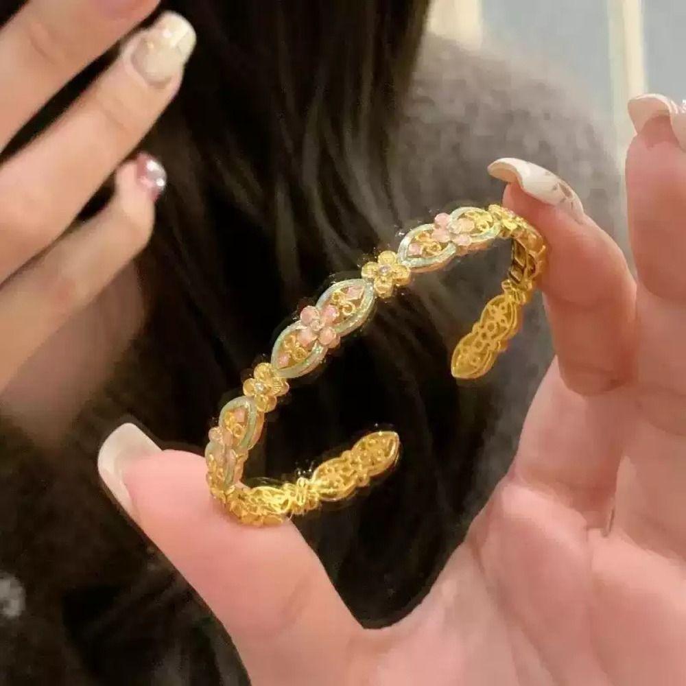 Handicraft Enamel Glazed Bracelet Gold Opening Bracelet Elegant New Chinese Style Bangle Party