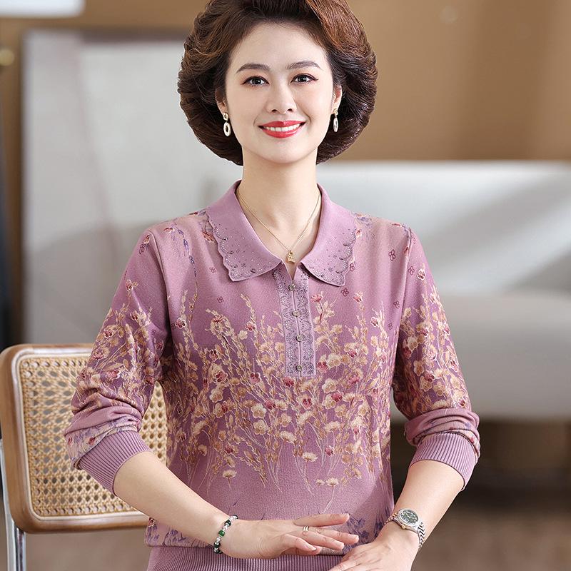 Женская осенняя вязаная футболка с принтом и лацканами - с длинным рукавом, свободная, модная, универсальная для женщин среднего и пожилого возраста