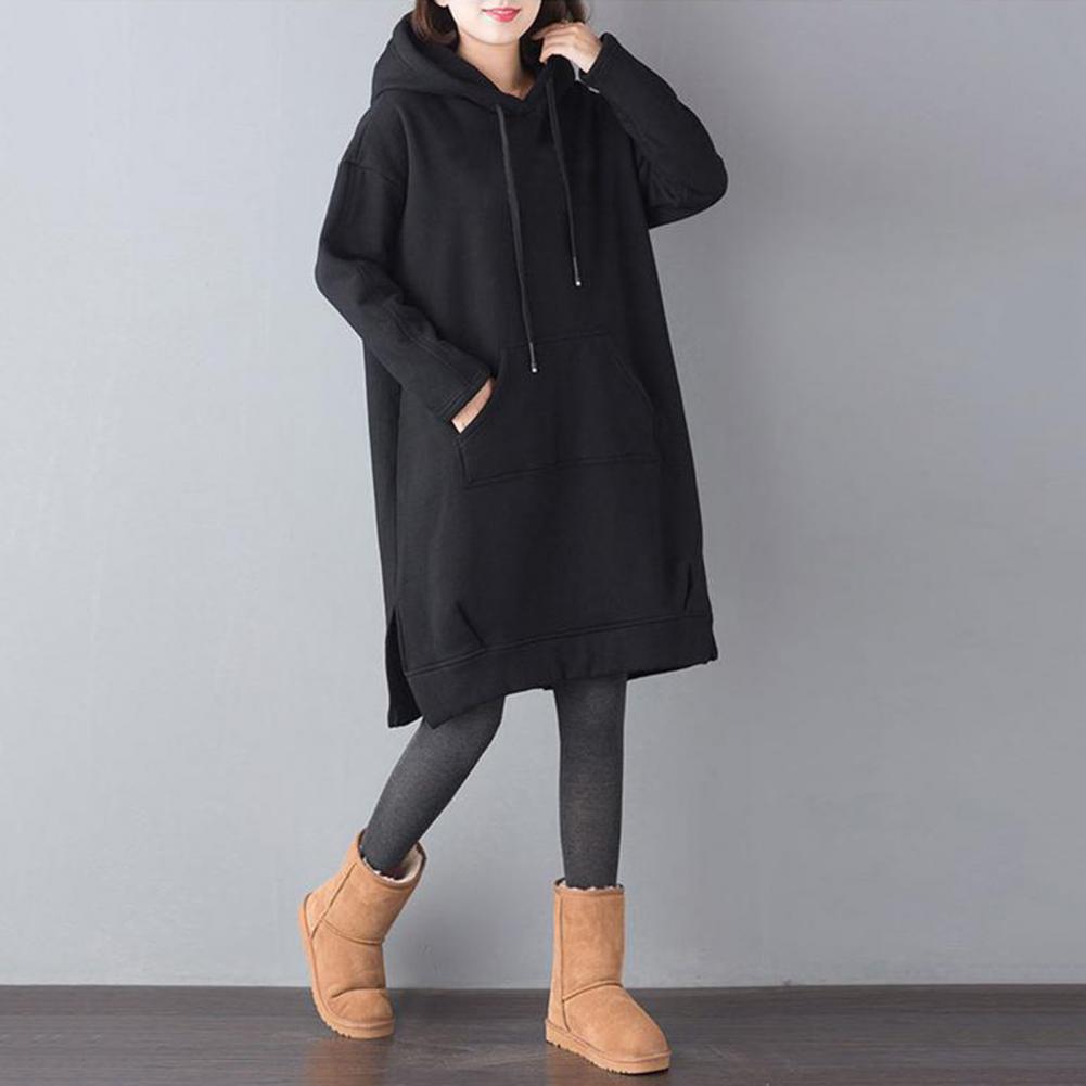 Уютная плюшевая толстовка с капюшоном Уютная плюшевая толстовка длиной до колена с завязкой на подоле и большим карманом для женщин Теплая зимняя одежда Толстовка