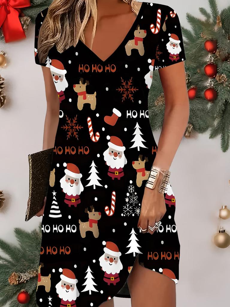 Fashion Women's V Neck Short Sleeve  Christmas Snowman Printed  Dress Sex Short Skirt Dresses