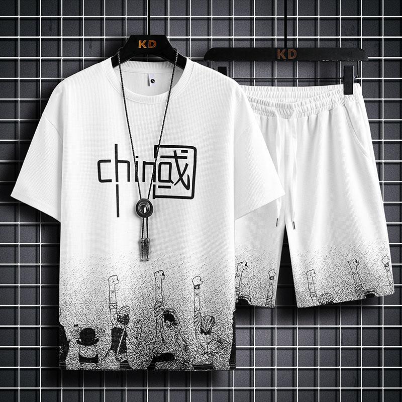 Летние мужские комплекты из двух предметов с аниме-принтом, футболка + шорты, костюмы с градиентом, льняная ткань, повседневный костюм, мужской спортивный костюм с короткими рукавами