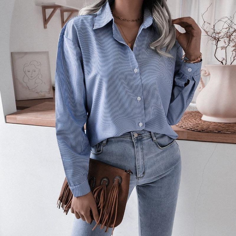 Полосатая женская блузка с длинными рукавами, весна-лето, рубашка с отложным воротником, однобортная, со свободной талией, шикарный карман, M-4XL
