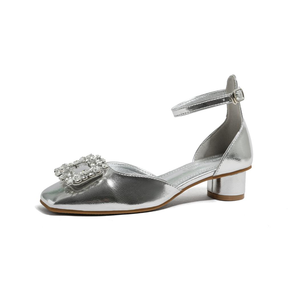 Rhinestone Hollow Sandals Women's Sheepskin Leather Head Square Buckle Ankle Buckle Belt Summer 2025 New Thick Heel Bag Head Single Shoes