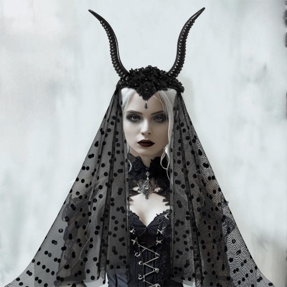 with Veil Halloween Devil Headwear Black Sheep Horn Headband Cosplay Performance Prop