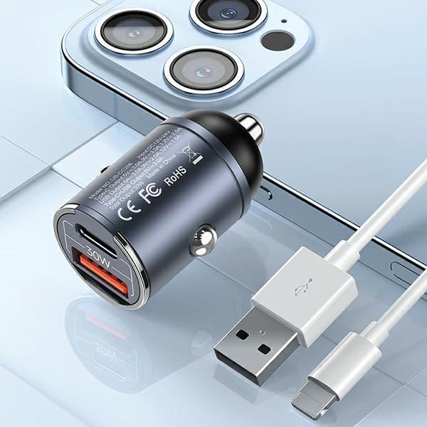 USAMS Car Charger 1xUSB+1xUSB-C C38 30WPD Fast Charge with Built-in Ring Purple CC206CC02 (US-CC206)