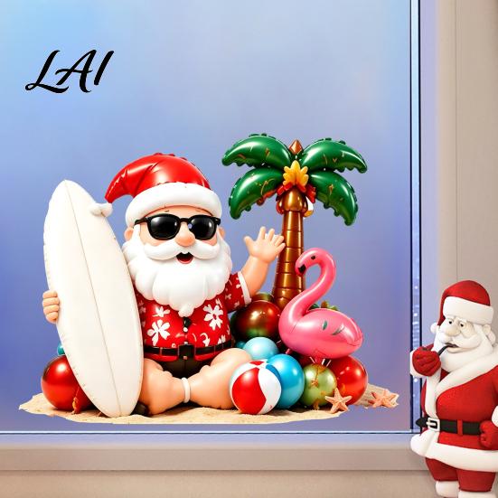 Beach Style Static Stickers Tropical Christmas Window Stickers Santa Claus Flamingo Palm Tree Surfing Board Party Supplies Decals Waterproof