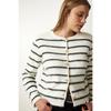 Женский костяной черный стильный трикотажный кардиган в полоску на пуговицах Pf00051