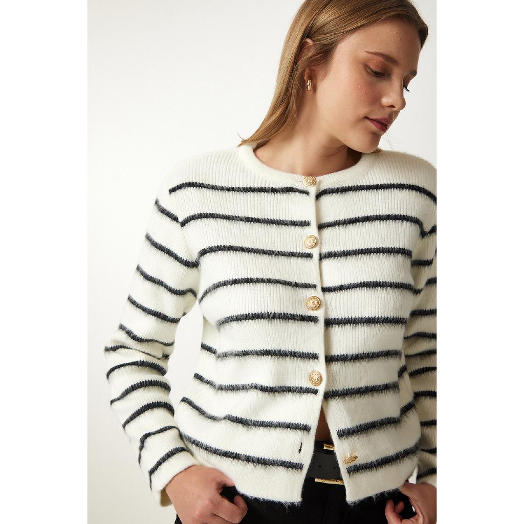 Женский костяной черный стильный трикотажный кардиган в полоску на пуговицах Pf00051