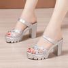 10cm Small Big Size 32-43 Elegant Platform Shoes Star Bling Slippers 2025 Summer Womens Block High Heels Slides for Office Party