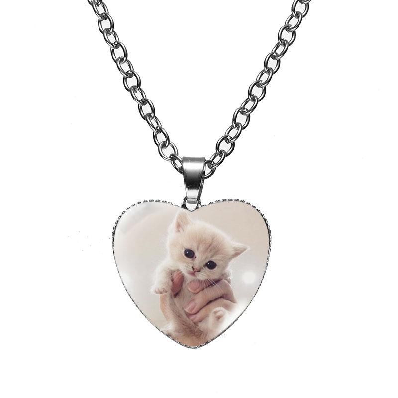 Женская мода милый питомец котенок стеклянный кабошон сердце форма ожерелье кулон ожерелье ювелирные изделия аксессуары подарки