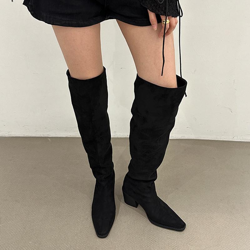 Fashion Designer Vintage Women Knee High Boots Fashion Slip On Long Booties Autumn Winter Thick Heels Ladies Shoes