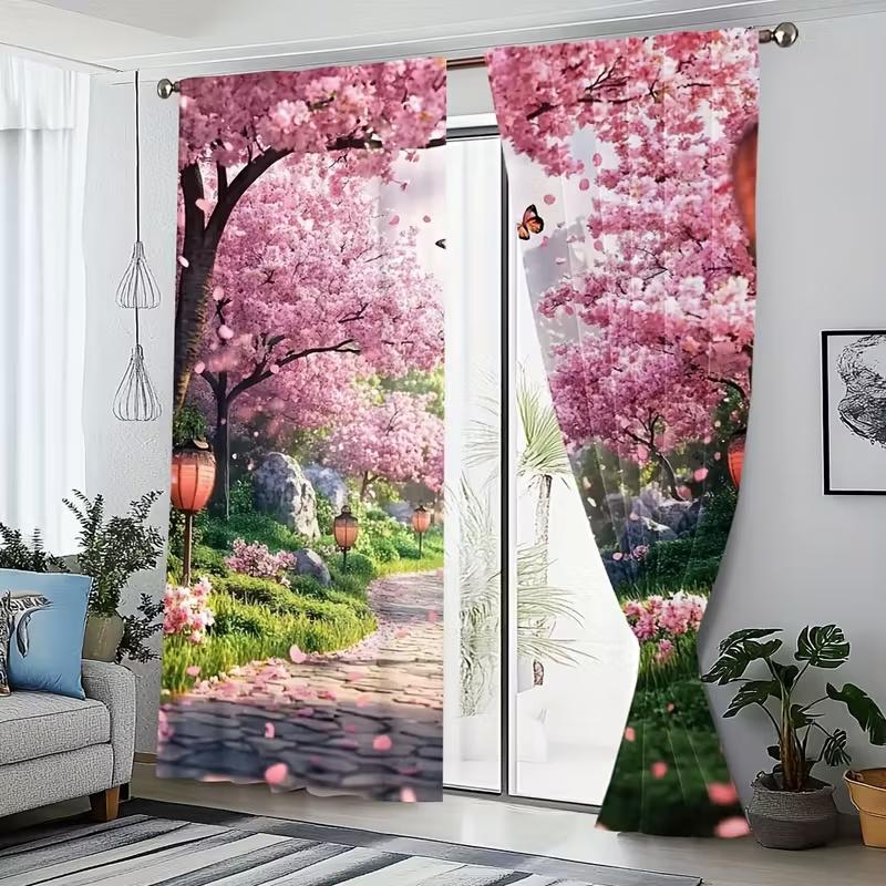 2 Pcs Cherry Blossom Garden print curtains,suitable for bedroom,living room kitchen decoration,home decoration,window decoration